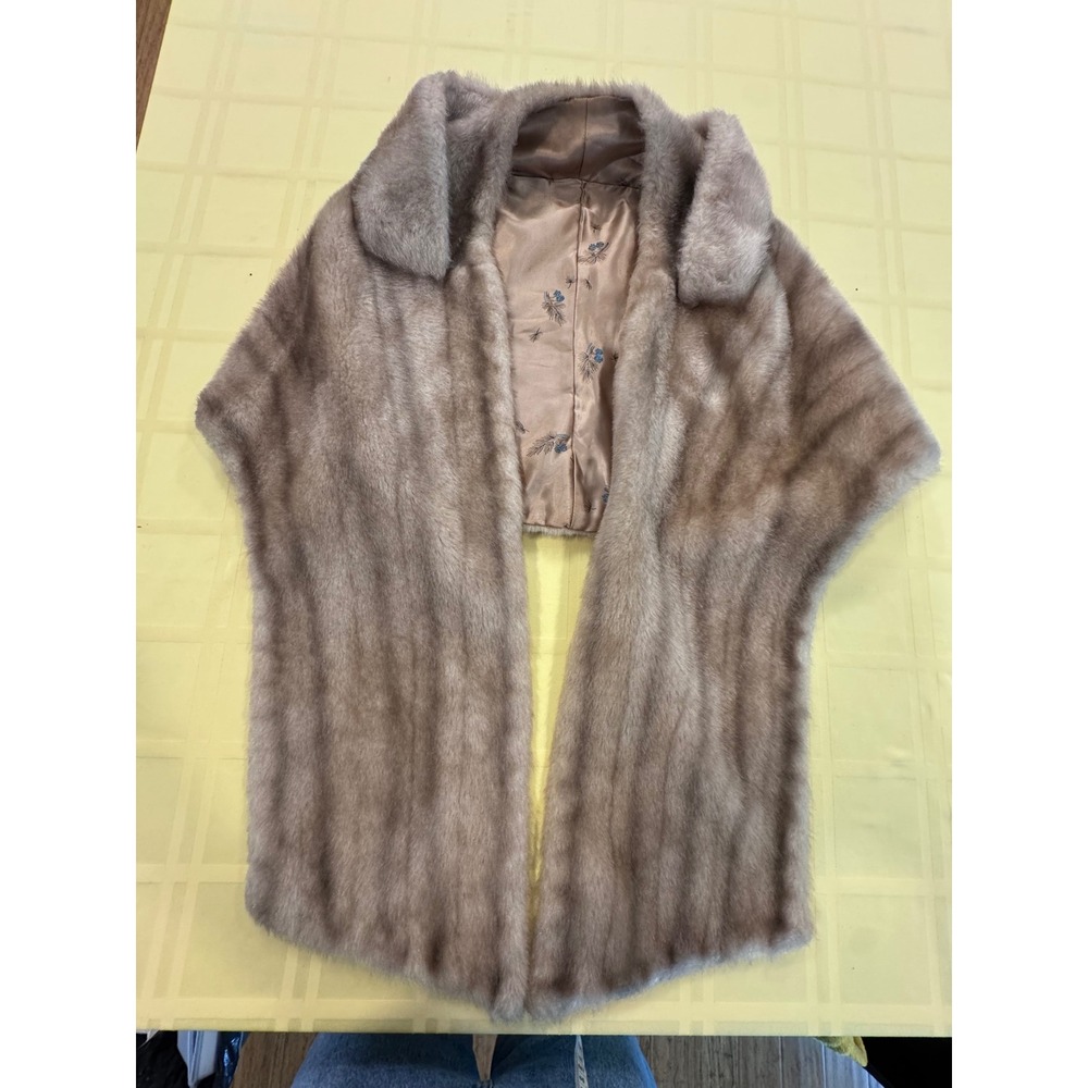Vintage Regina Glenara Faux Fur Stole Wrap Taupe Brown Satin Lined USA Made